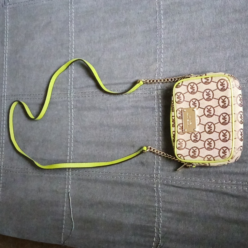 Michael Kors Tan and Green Logo Crossbody Purse